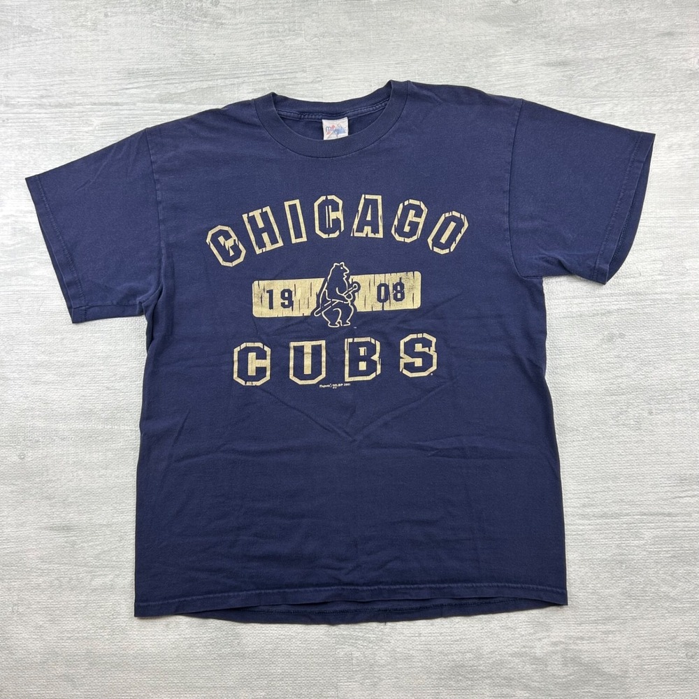 Vintage 2001 Chicago Cubs Shirt Size Large Navy Blue MLB Baseball Majestic Logo